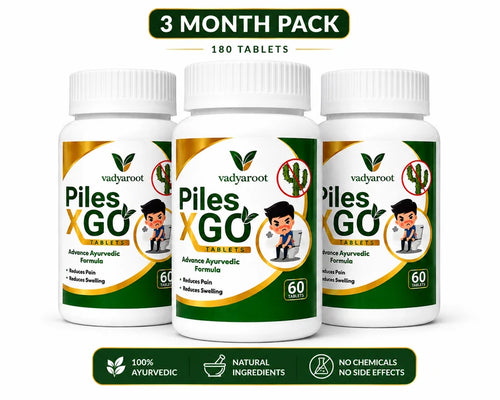 Three white bottles of vadyaroot Piles X GO tablets arranged in a 3-month pack display, with a green banner at the top reading '3 MONTH PACK' and feature icons at the bottom.